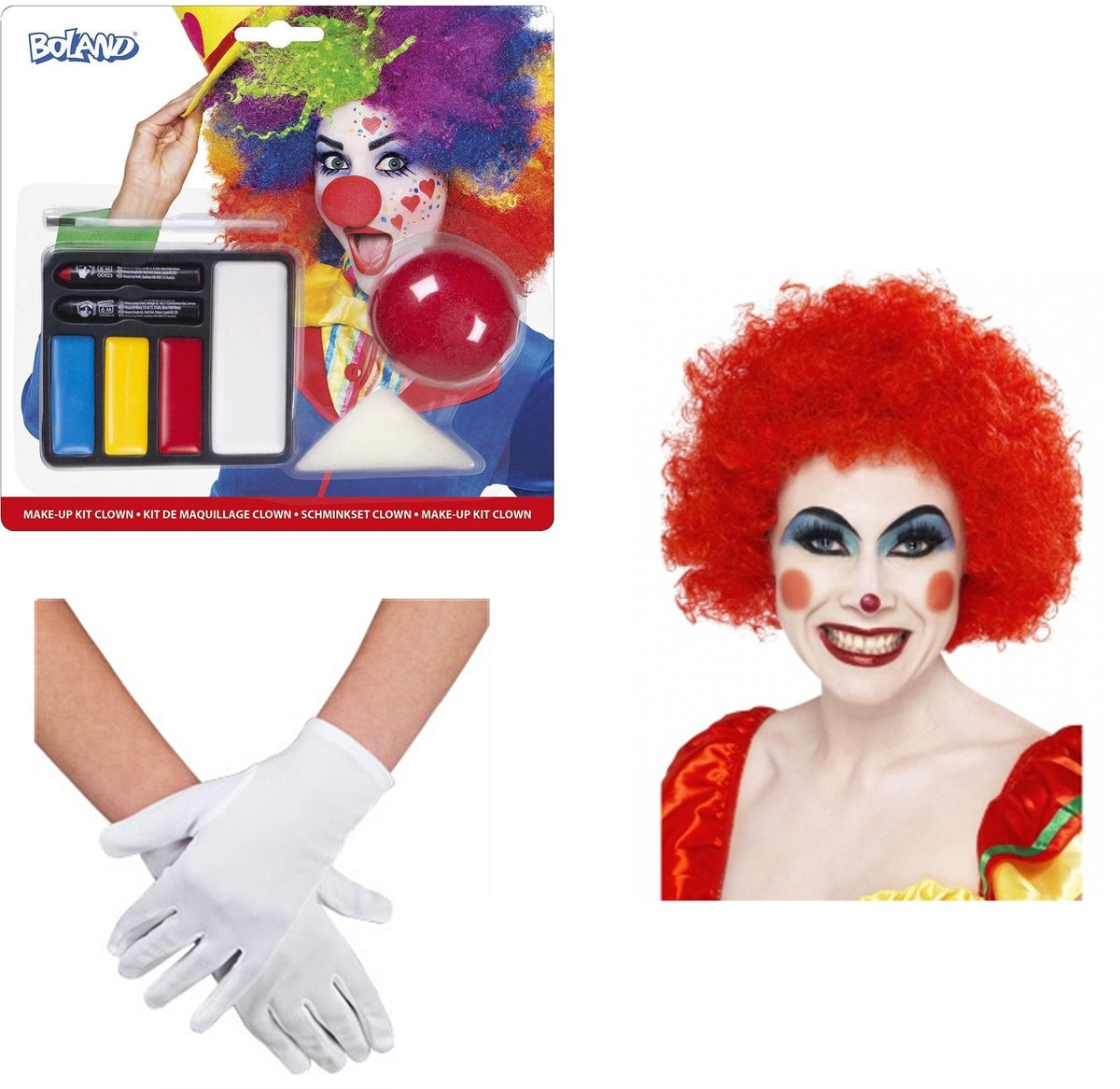   Clown verkleedset - pruik - rood - schmink - neus - handschoenen - carnaval