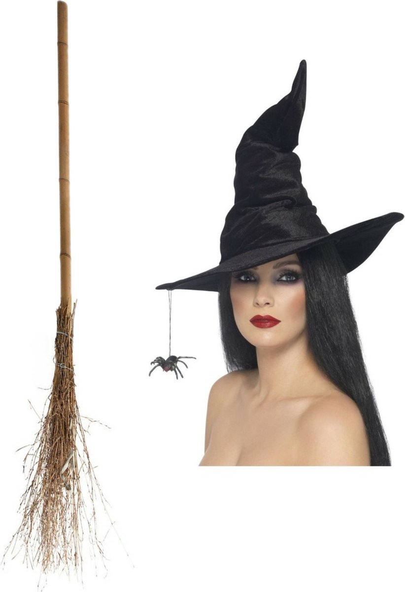   Heksen verkleed set dames - luxe heksenhoed met bezem van 110 cm