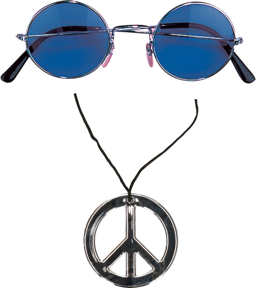   Hippie Flower Power verkleed set peace ketting en ronde blauwe glazen party bril