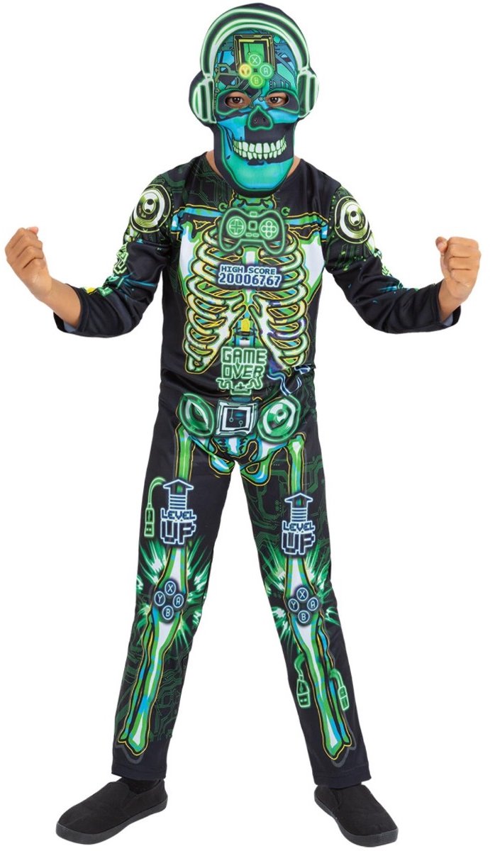   Kinder Kostuum -Kids tm 6 jaar- Glow in the Dark Tech Skeleton Zwart/Groen
