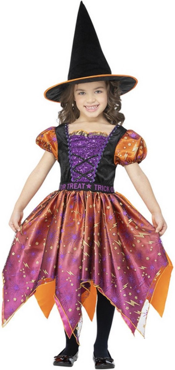   Kinder Kostuum -Kids tm 9 jaar- Moon & Stars Witch Oranje/Paars