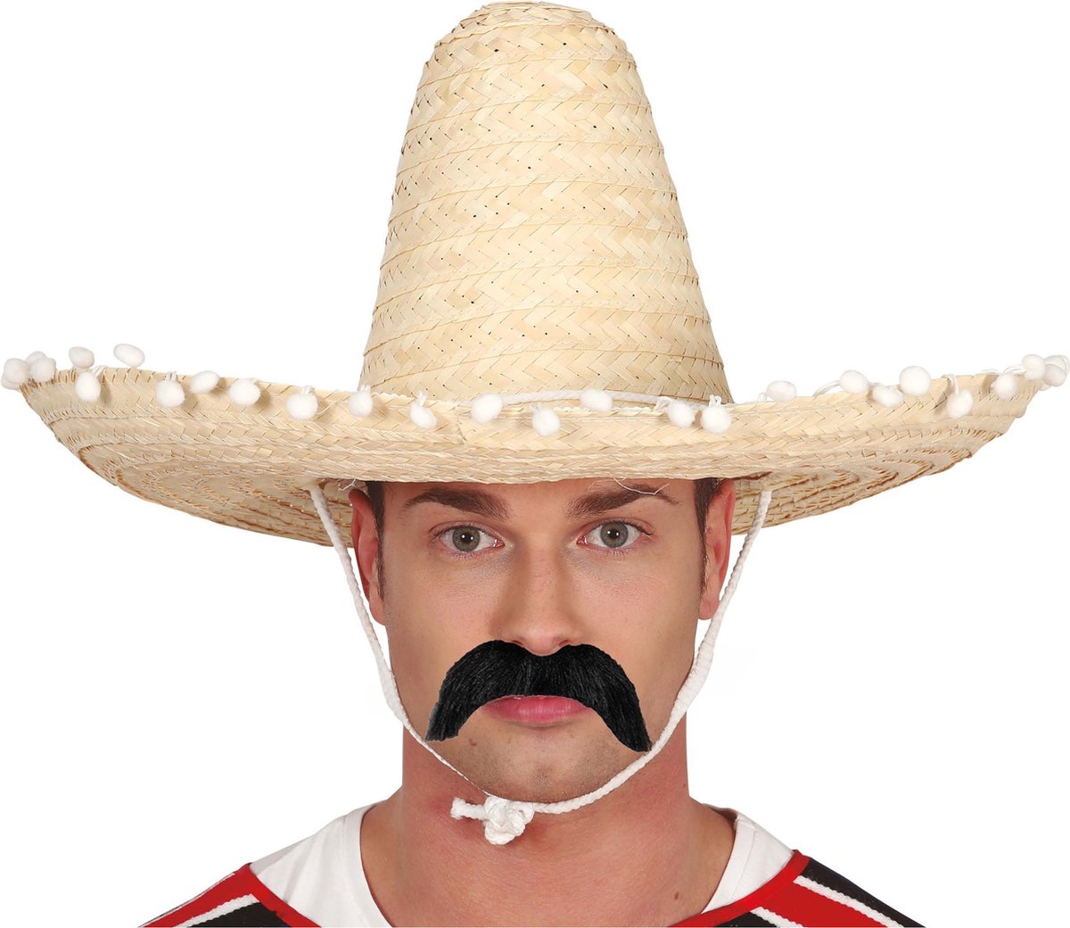   Mexicaan Carnaval verkleed set - Grote sombrero hoed naturel - Dia 50 cm - met plaksnor - heren
