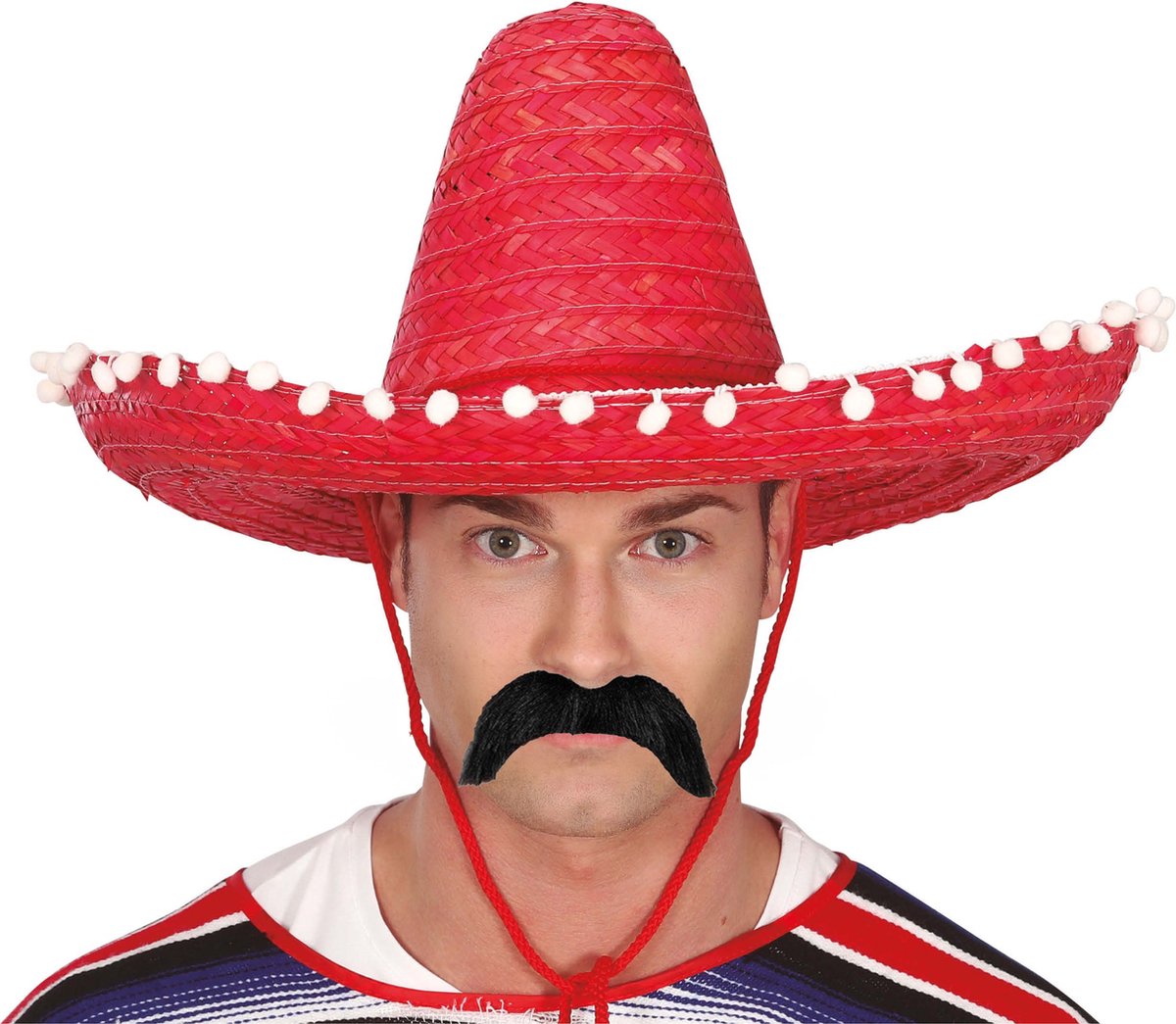   Mexicaan Carnaval verkleed set - Grote sombrero hoed rood - Dia 50 cm - met plaksnor - heren