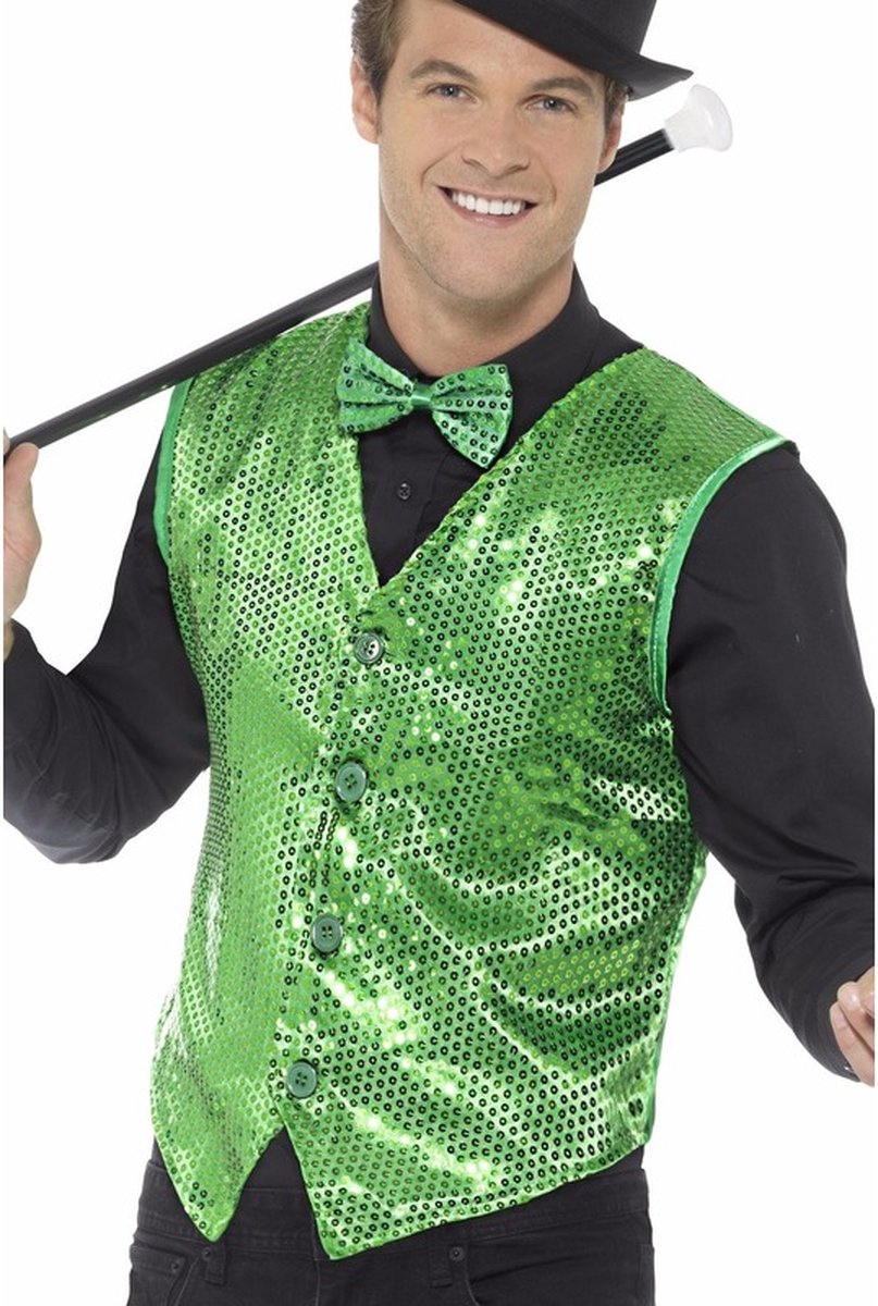   Verkleed gilet/vestje - groen - pailletten - heren - polyester - glitterjasje - show - Carnavalskleding 56/58