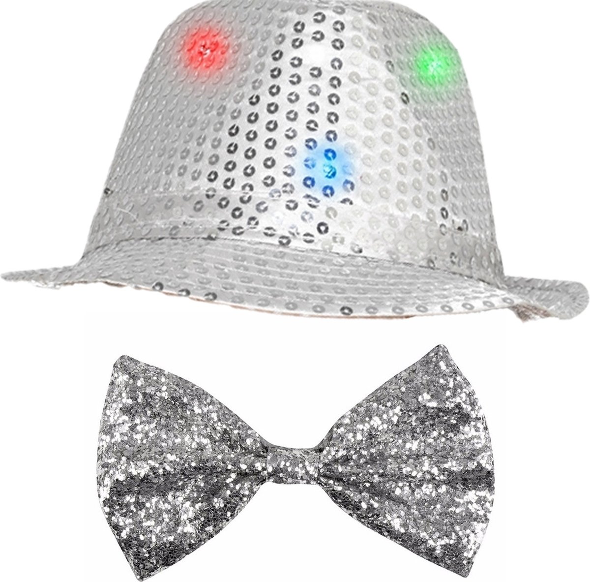   Verkleedkleding set zilver LED light hoedje/strikje volwassen