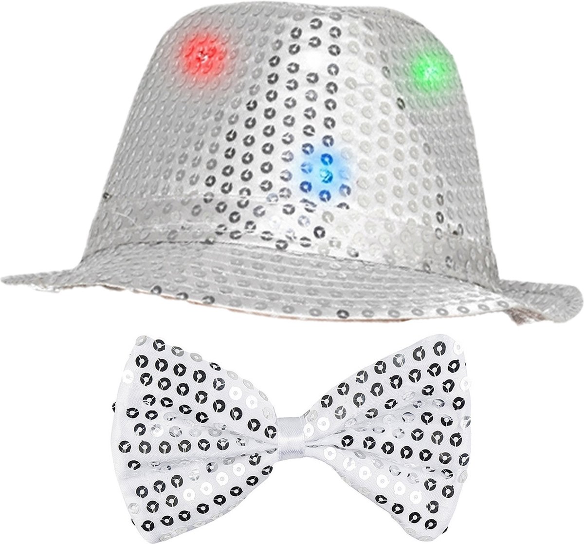   Verkleedkleding set zilver LED light hoedje/strikje volwassen