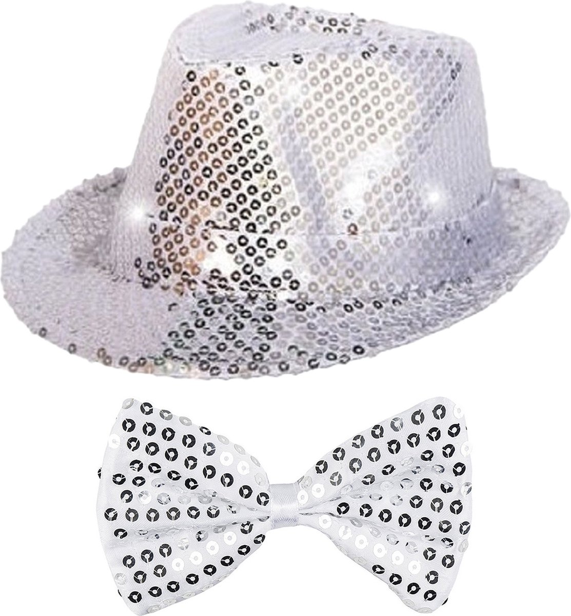   Verkleedkleding set zilver LED light hoedje/strikje volwassen