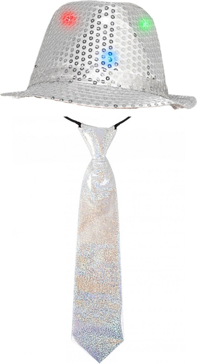   Verkleedkleding set zilver LED light hoedje/stropdas volwassen