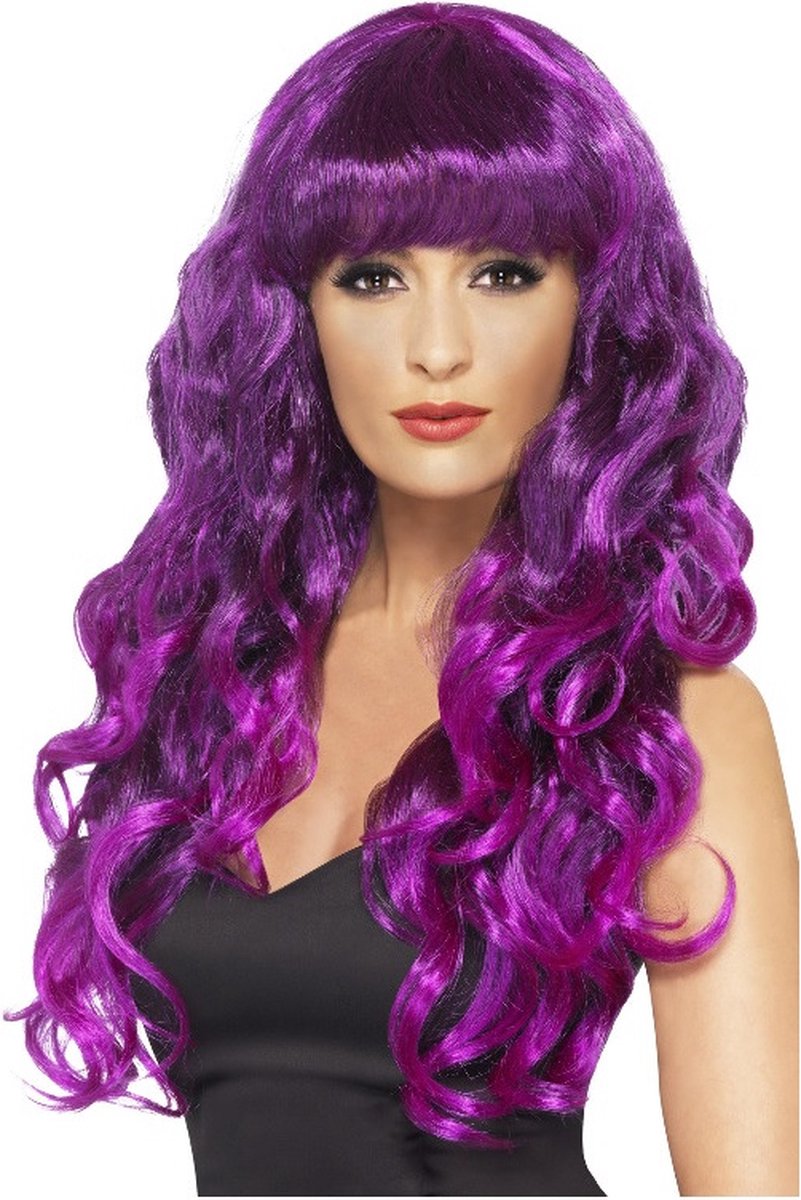   carnaval verkleed heksen pruik voor dames paars krullen