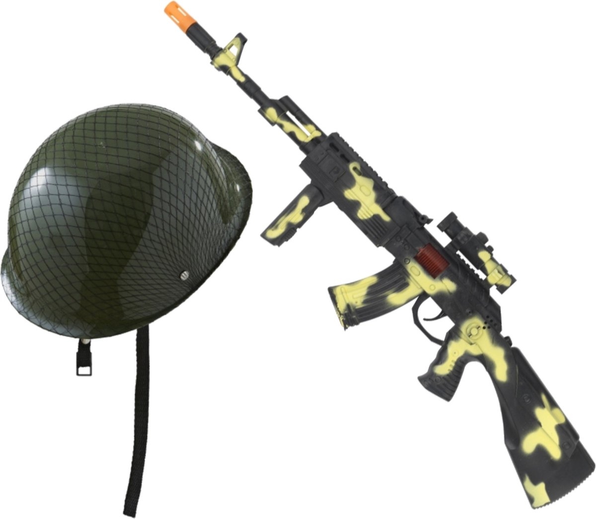 Soldaten/Soldaat carnaval verkleed accessoires set - Soldatenhelm en Kalashnikov machinegeweer van 59 cm