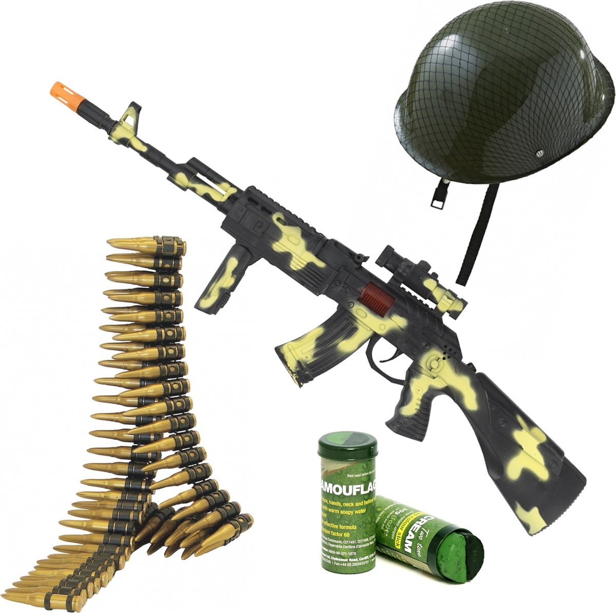 Soldaten/militairen machinegeweer 59 cm met kogelriem en helm - Met army kleuren schmink stift