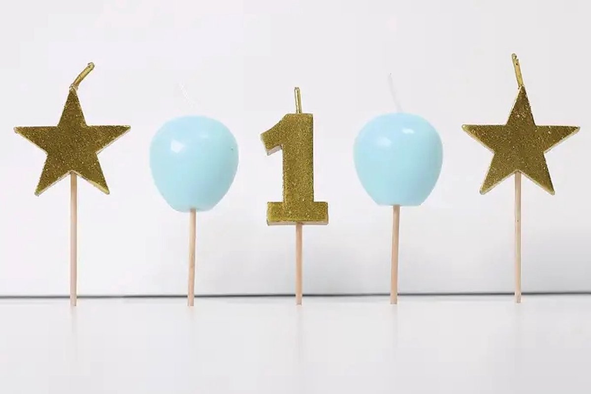 Taartkaarsen 1ste Verjaardag Jongens - 1st Birthday Boy Cake Candles - 5 stuks - 4 cm - 3D Taartkaarsjes - Decoratie - Cupcake Cake Kinderfeestje - Eerste Verjaardag