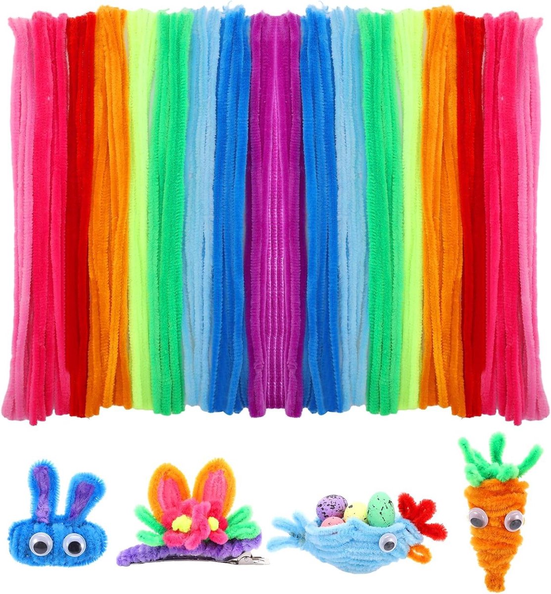 Smoakez - 100 stuks pijpenreinigers voor Kerstmis - Knutselset met bindstrips en pompons Maak je eigen kerstcadeaus met deze kleurrijke pijpenragers en cellofaanzakjes met wiebelogen. Inclusief klein rendier.