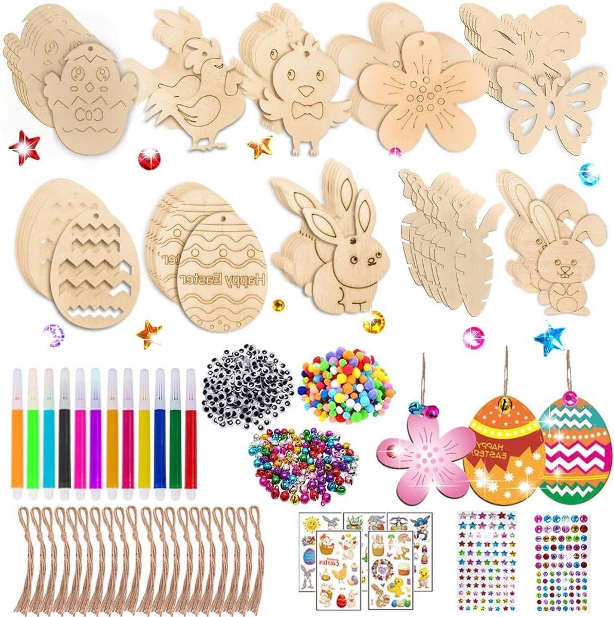 Smoakez - Houten hanger Pasen om te beschilderen - 264 stuks paashaas paaseieren kuiken - DIY decoratie met acrylstiften