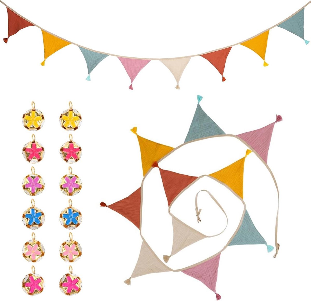 Smoakez - Kleurrijke kinderkamer vlaggenlijn van mousseline katoenen stof met 12 kleurige bellen - Multicolor driehoekige vlaggetjes