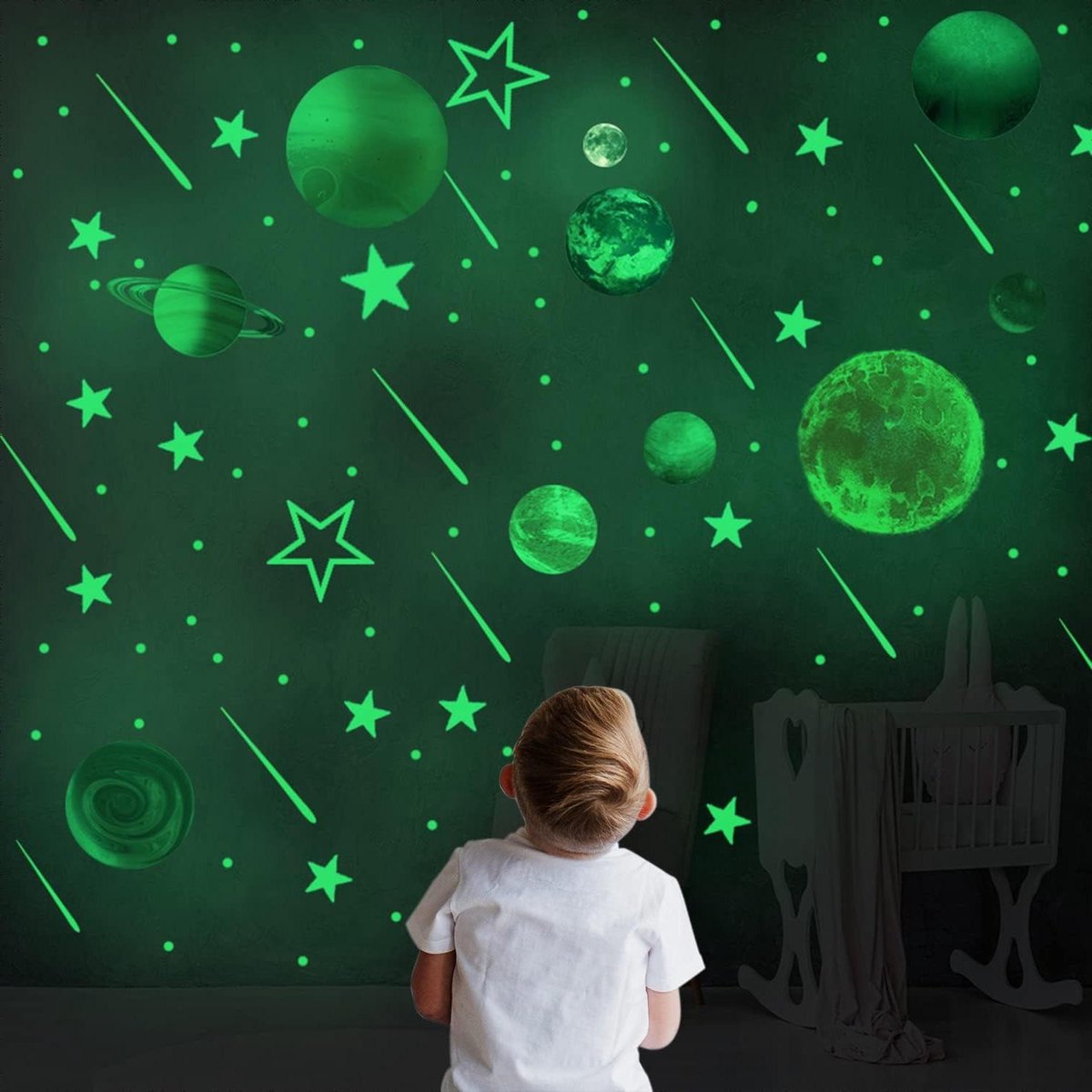 Smoakez - Lichtgevende Planets Glow in Dark Muurstickers voor Kinderkamer - Groene Gloed - Plafondsterren - Baby Kinderkamerdecoratie - AardeKids - Woonkamer - 158 Stickers