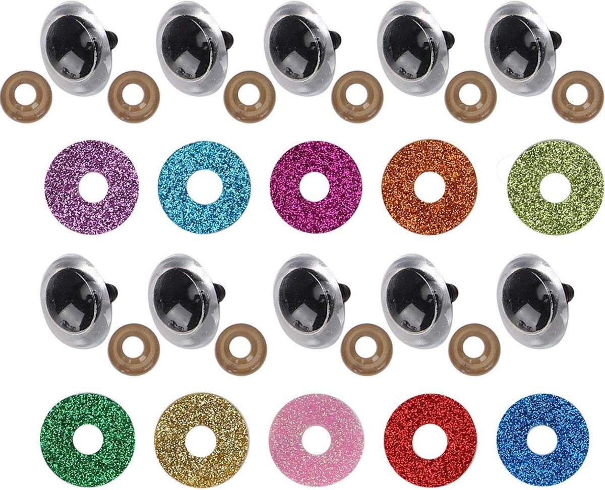 Smoakez - Pack van 300 poppenogen teddy glitter kleurrijke plastic ogen set met 100 veiligheidsoogjes, 100 glitter en 100 ringen 10 kleuren inclusief rood roze groen blauw (16 mm)