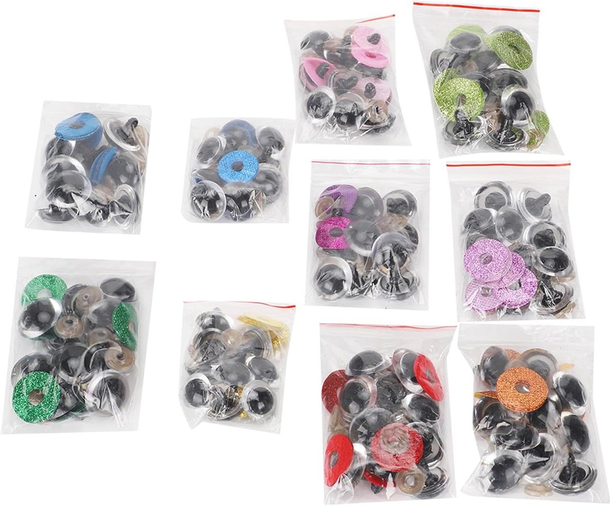 Smoakez - Poppenogen Set van 300 stuks met Glitter, Kleurrijke Kunststof Ogen, Veiligheidsogen en Sluitringen in 10 Kleuren - Inclusief Rood, Roze, Groen en Blauw (18 mm)