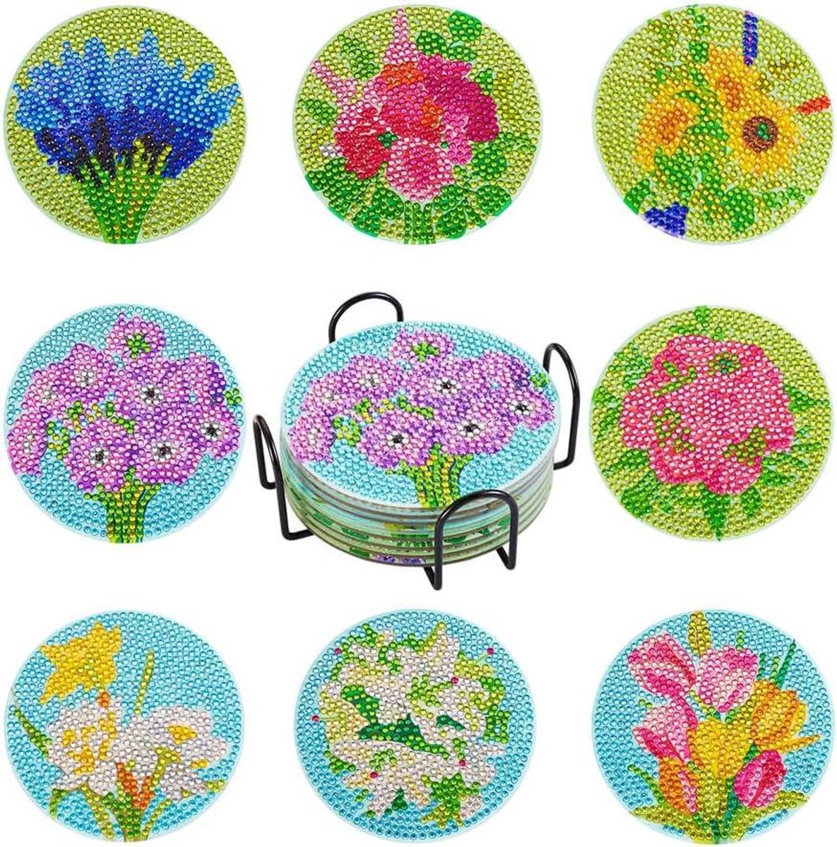 Titel: Smoakez - Diamond Painting Coasters Set van 8 stuks - Bloemen Patroon - DIY Diamant Schilderen - Voor Beginners - Thuis- en Kantoordecoratie
