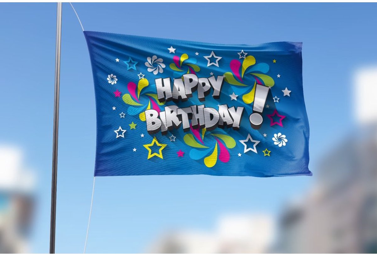 Blauwe Happy Birthday Vlag 150x225cm