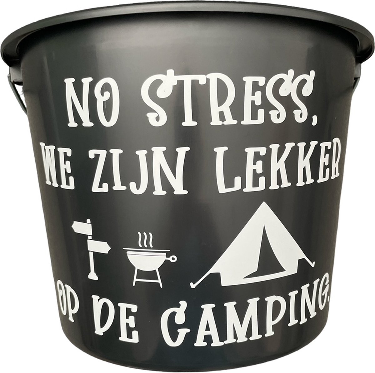 Cadeau Emmer - No Stress, Camping - 12 liter - zwart - cadeau - geschenk - gift - kado - vakantie - camping - zomer