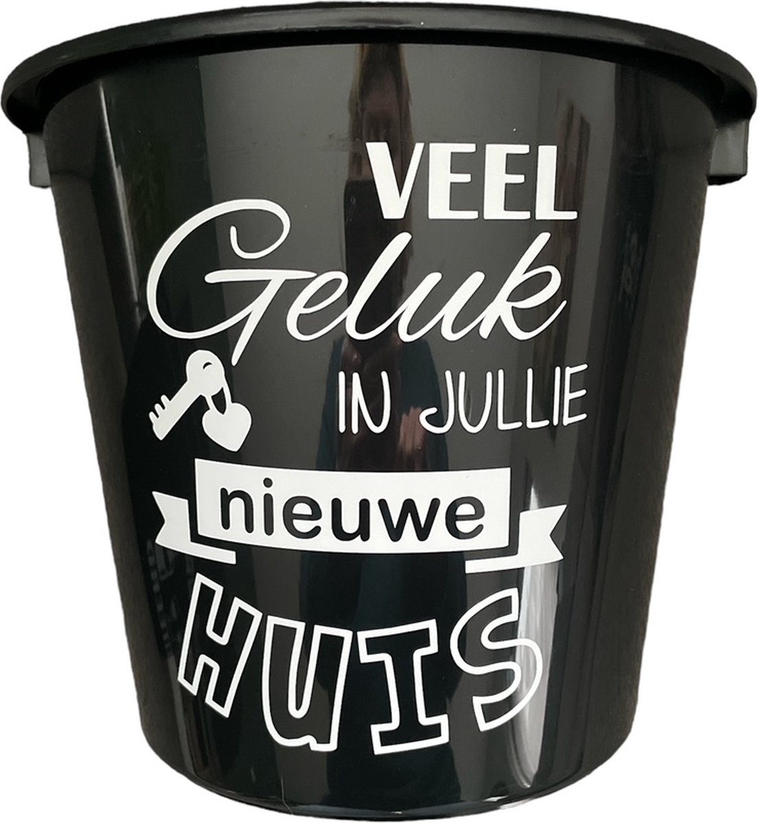 Cadeau Emmer-Veel geluk in jullie nieuwe Huis-5 Liter-Zwart-Cadeau-Geschenk-Gift-Kado-Housewarming-Nieuw Huis