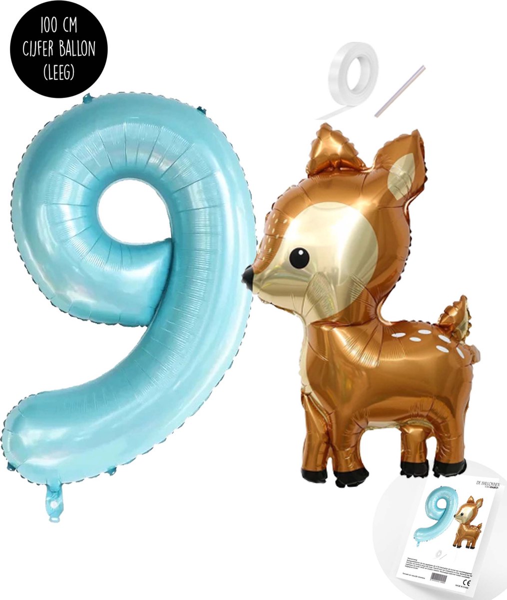 Snoes - Bambi Basis ballon set XXL Cijferballon Baby Blue 9 - Lief Hert + Cijfer Ballon 9 Jaar - Helium Geschikt
