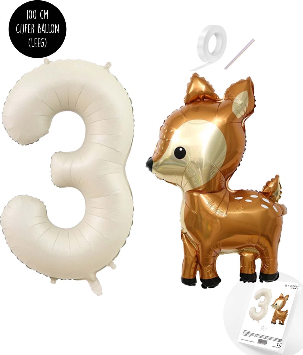 Snoes - Bambi Basis ballon set XXL Cijferballon Creme Satijn 3 - Lief Hert + Cijfer Ballon 3 Jaar - Helium Geschikt