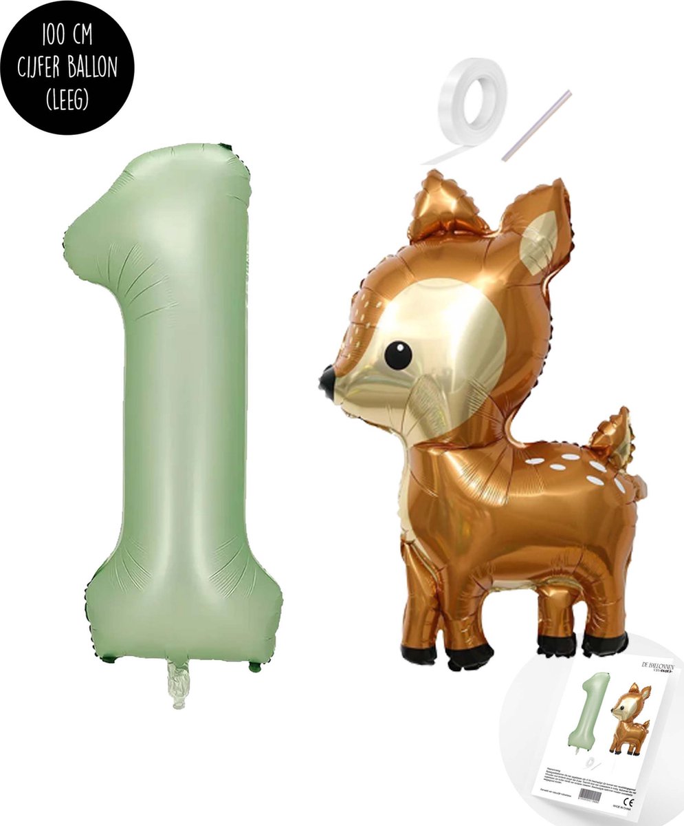 Snoes - Bambi Basis ballon set XXL Cijferballon Olijf Nude 1 - Lief Hert + Cijfer Ballon 1 Jaar - Helium Geschikt