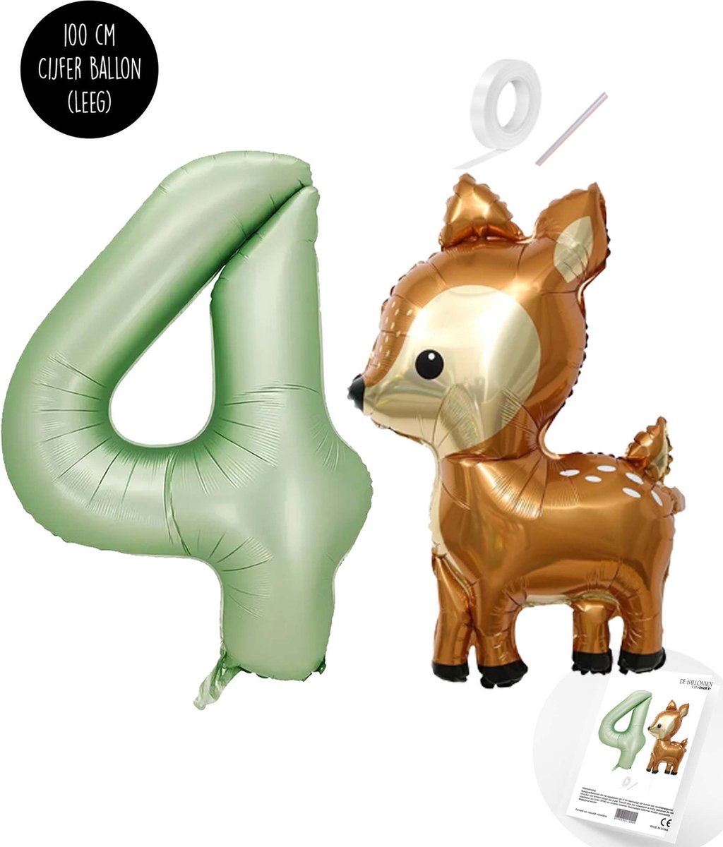 Snoes - Bambi Basis ballon set XXL Cijferballon Olijf Nude 4 - Lief Hert + Cijfer Ballon 4 Jaar - Helium Geschikt