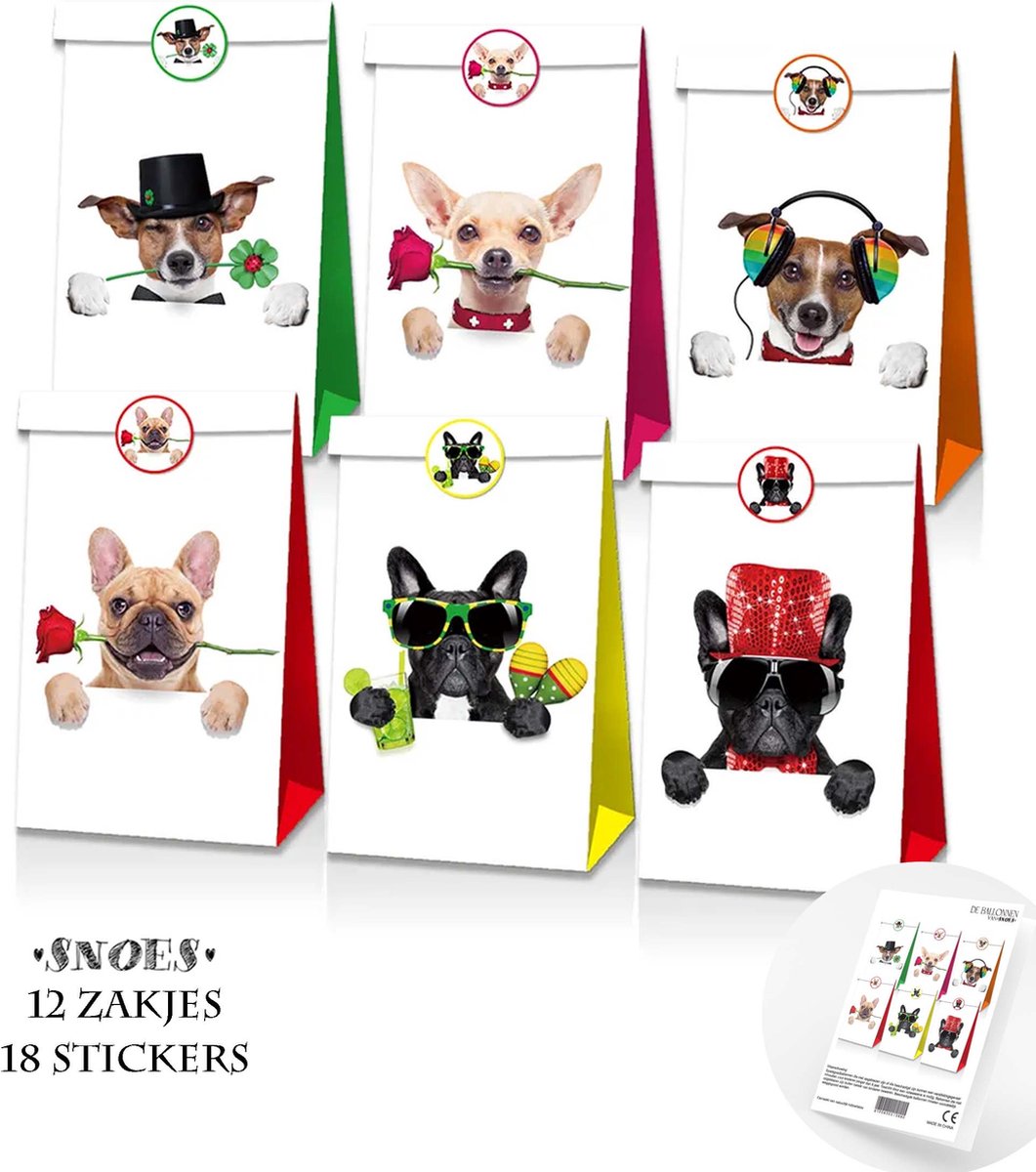 Snoes - Traktatiezakjes - 12 Stuks - Honden - Dogs - Verjaardag Decoratie - Cadeau zakjes - Uitdeelzakjes - Partijtje