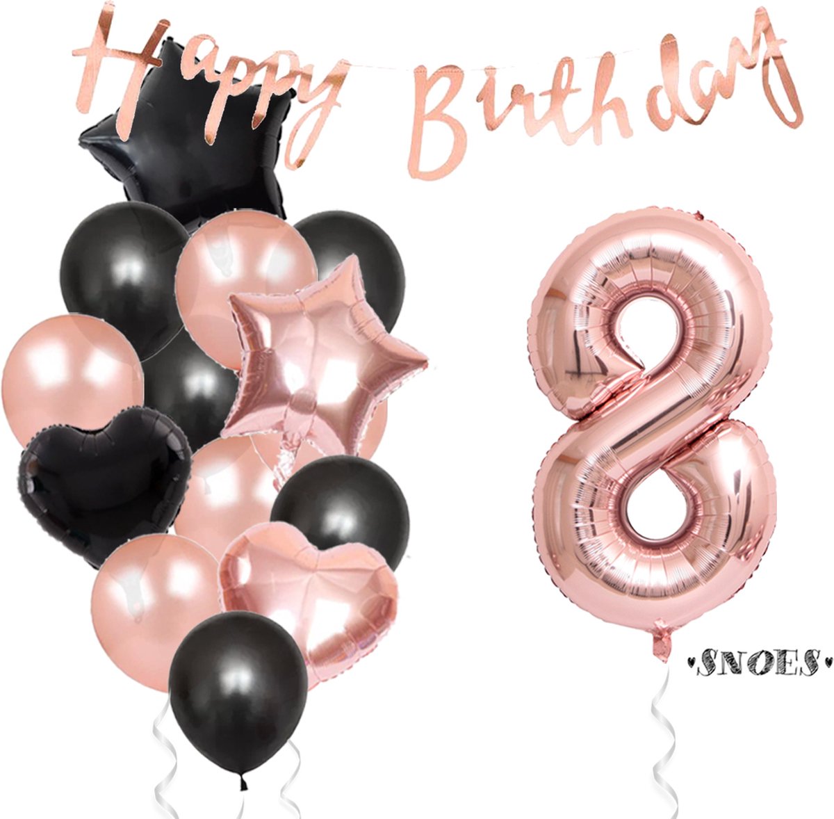 Snoes Ballonnen 8 Jaar Feestpakket – Versiering – Verjaardag Set Liva Rose Cijferballon 8 Jaar -Heliumballon