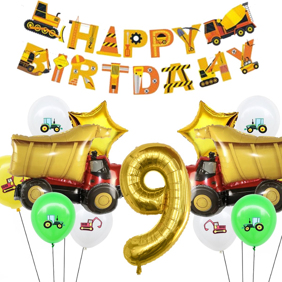Snoes Cijfer Ballon Nummer 9 - Vrachtwagen - Mega Vrachtwagen set Ballonnen Feestdecoratie - Helium Ballon - Kinderen