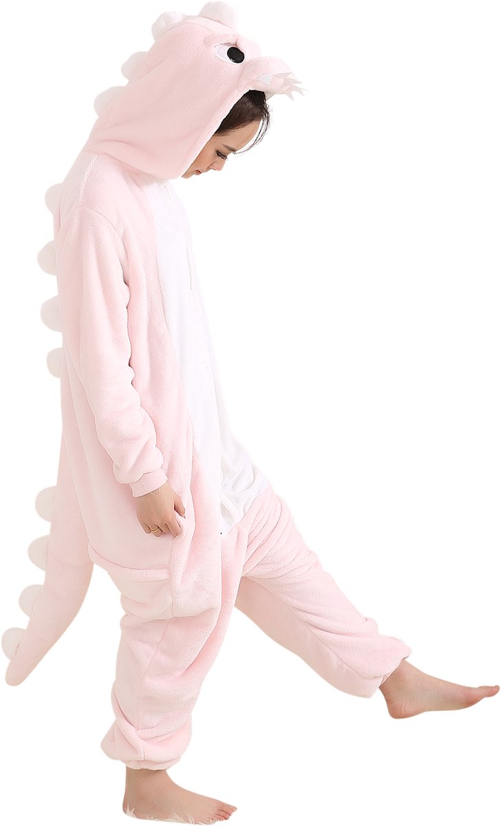 Draak Dino Krokodil (Roze) Onesie Pak Kostuum Outfit Huispak Jumpsuit Verkleedpak - Verkleedkleding - Halloween & Carnaval - SnugSquad - Kinderen & Volwassenen - Unisex - Maat S voor Lichaamslengte (146 - 159 cm)