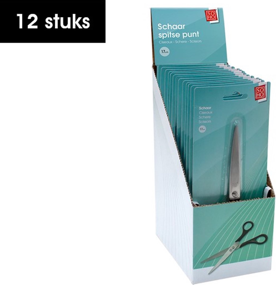 SOHO Schaar Spitse Punt – Schaar – Spitse Schaar – 17 cm – Kunststof – Zwart – 12 stuks