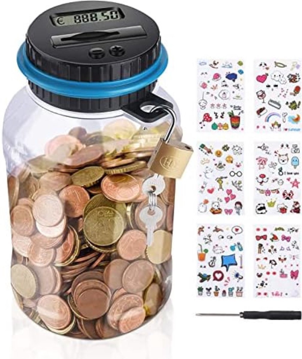 Digitale Spaarpot - Met muntenteller - Elektrische spaarpot - Transparant - Spaarpot voor jongens en meisjes - Geschikt voor Euromunten - Kan tot wel 1000 munten vasthouden! - Inclusief stickers om te versieren