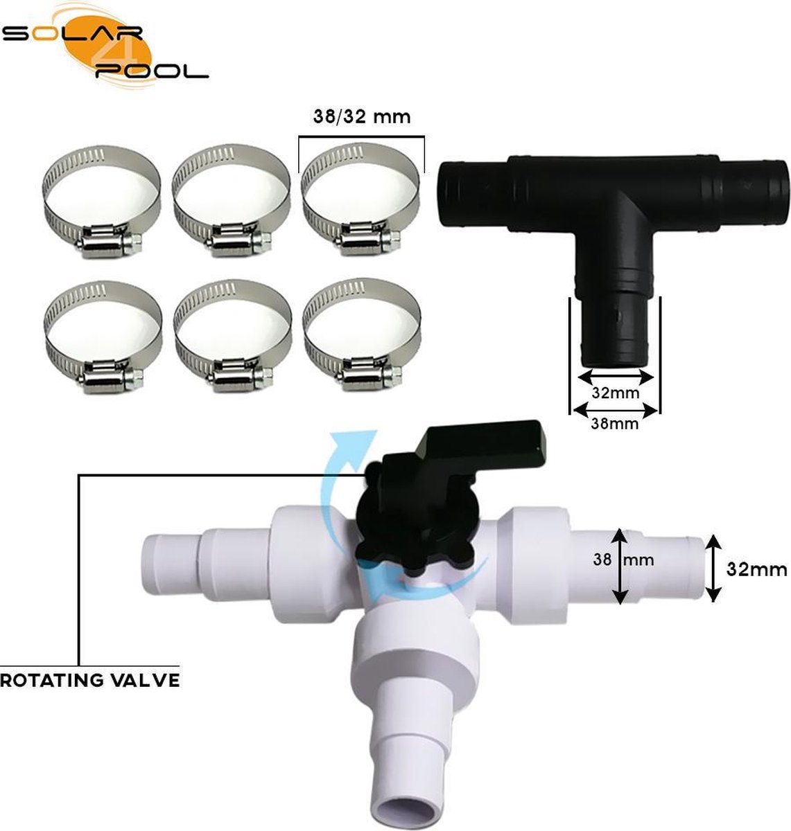 Bypass set zwembad 32mm/38mm slang voor zwembadverwarming zonnecollectoren en warmtepomp geschikt. Voor alle zwembaden. Pvc 3wegkraan.