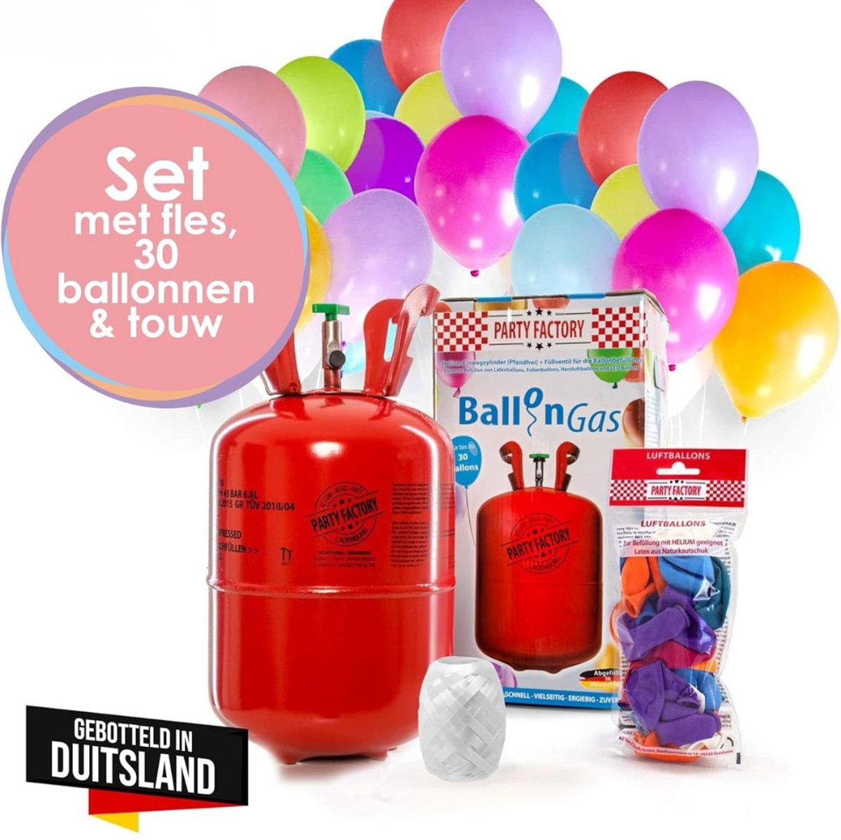 Solene Heliumtank Voor Ballonnen - 200L - Voor Latex-, Folie-, Hart- en LED-Ballonnen - Inclusief 30 Kleurrijke Latexballonnen - Ideaal Voor Feesten En Evenementen