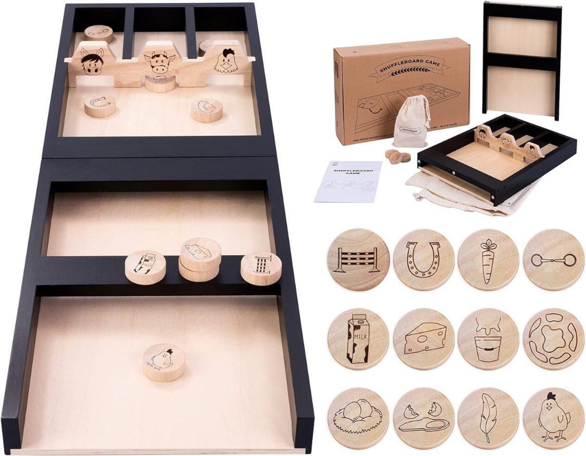   Kinder   80 cm – Boerderij-Thema – Houten Mini Shuffleboard – Magnetisch – 12 Schijven – Vanaf 4 Jaar – Gezelschapsspel Voor Het Hele Gezin