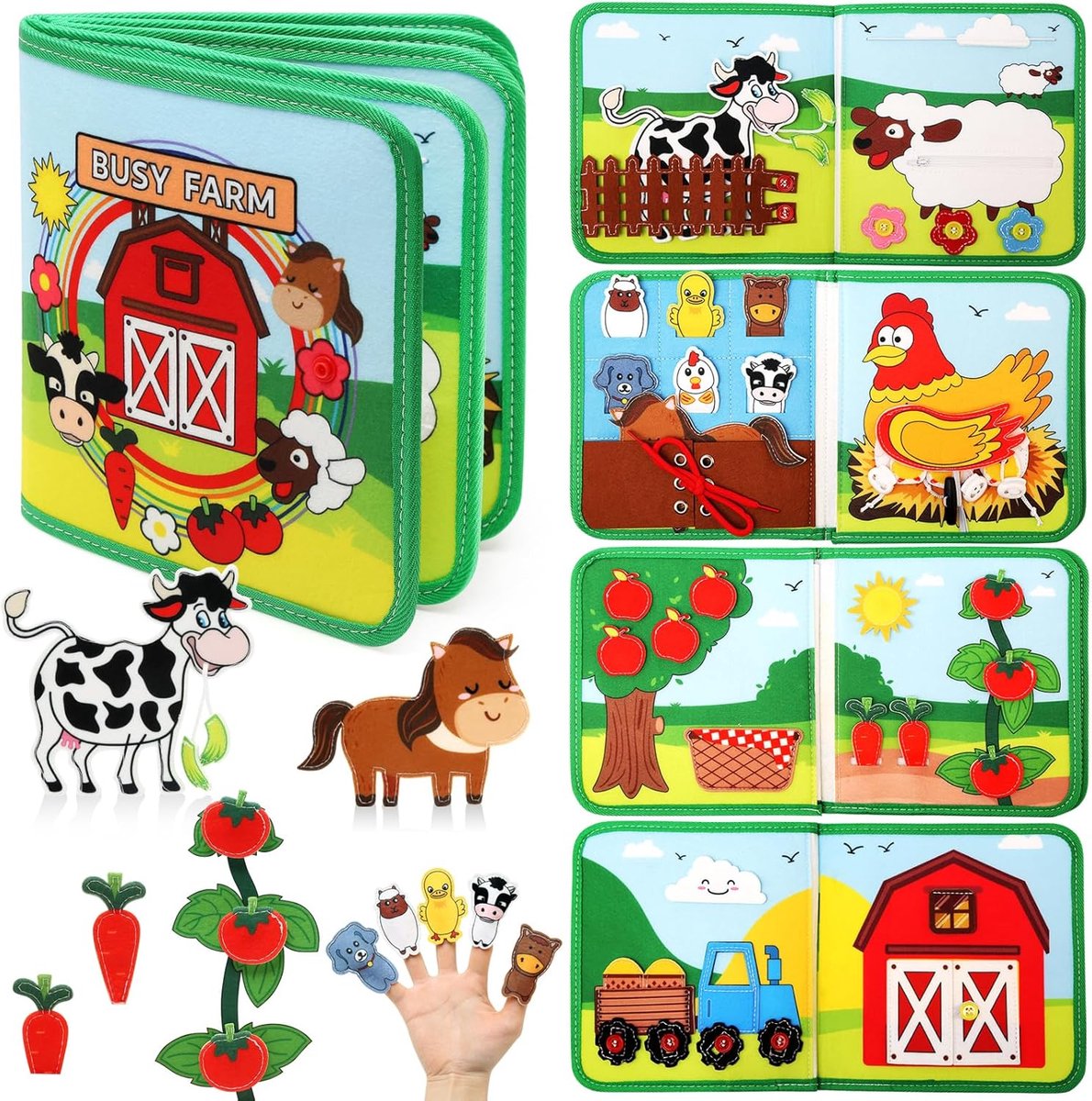 Solene Montessori Activiteiten Boek - 18-in-1 Educatief Speelboek - Boerderij Thema - Levensvaardigheden & Motoriek - Stilteboek - Peuter Speelgoed - Reiseditie