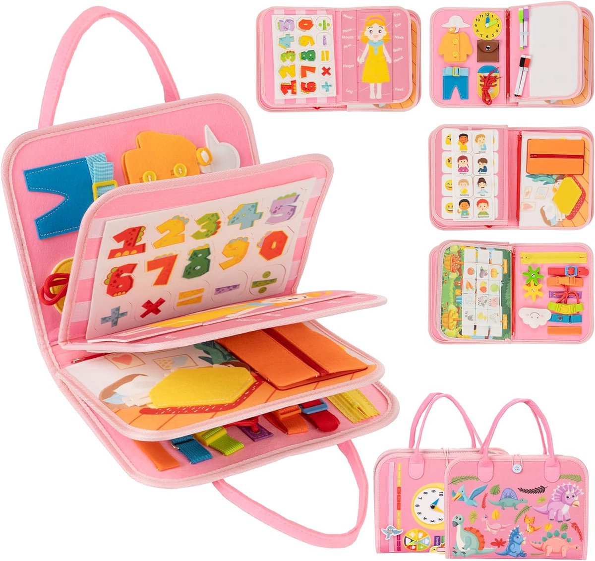 Solene Montessori Activiteiten Boek - Interactief Educatief Speelboek - Fijne Motoriek - Reisspeelgoed Peuters - Zacht Stilteboek - Cadeau voor Meisjes 1+ Jaar