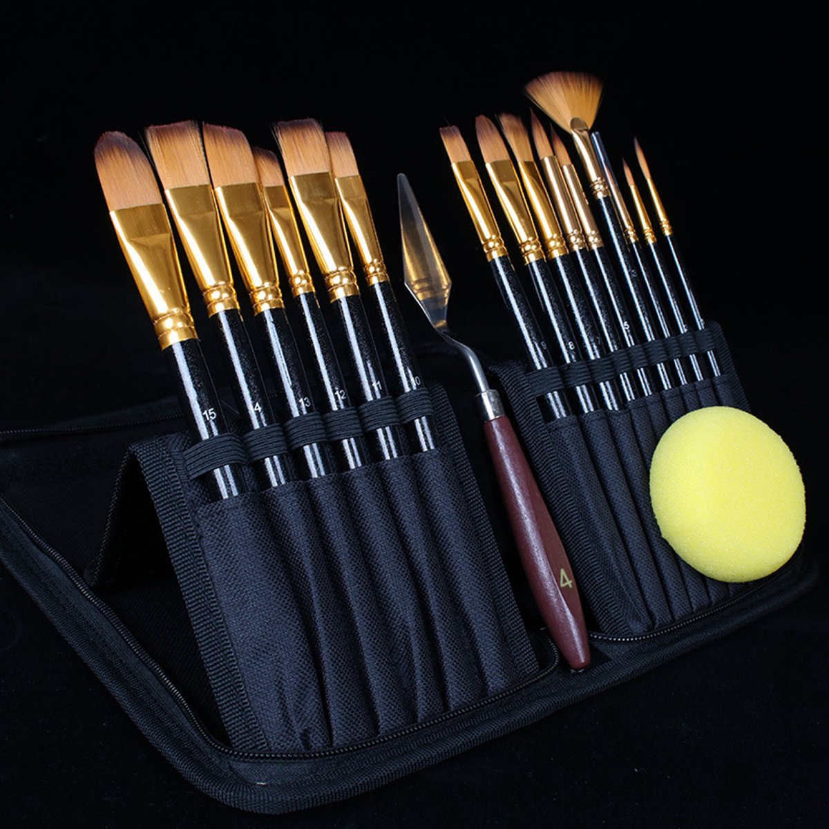 Somstyle 17-Delige Penselen Set - Voor Acrylverf, Olieverf, Waterverf & Pastelverf - Kwasten voor Schilderen - Met Spons & Paletmes - Zwart / Goud