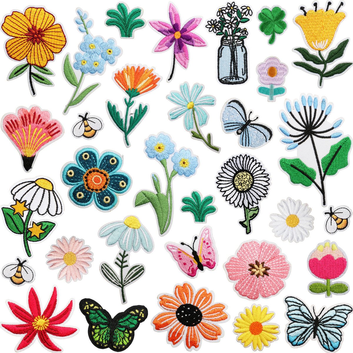 Somstyle 32-Delige Strijk Embleem Set - Patches voor Kleding - Bloemen & Bijen - Stof & Strijk Applicatie - Multicolor