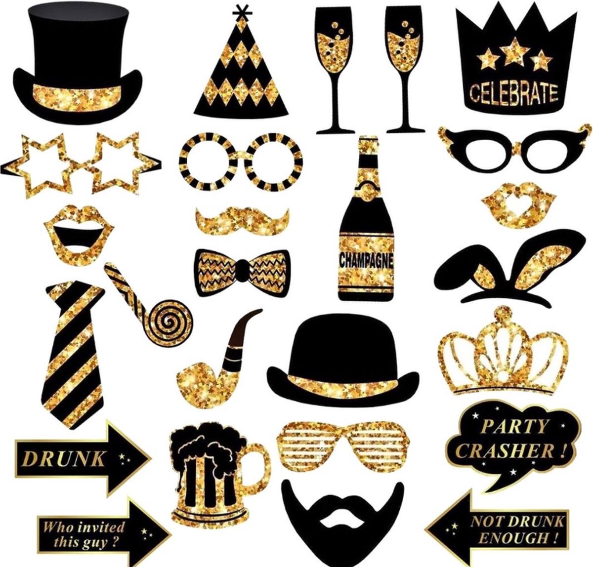 Somstyle Photobooth Props Set - 26 Stuks - Feest & Bruiloft Maskers - Fotohokje Rekwisieten - Goud & Zwart