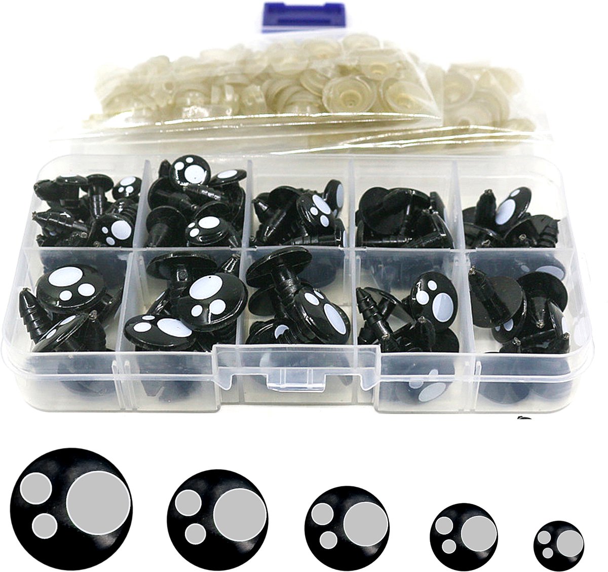    jes Set - 100 Stuks - 8, 10, 12, 14 & 16 MM - Amigurumi Knuffel Oogjes - Zwart / Wit