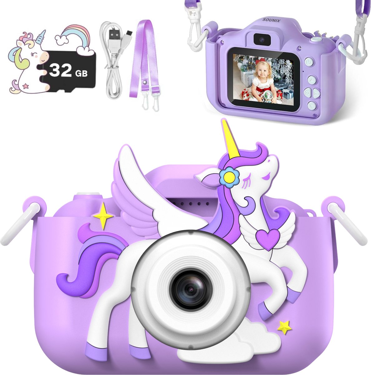 Sounix Digitale Kindercamera - 32GB SD-kaart - 1080P video - Digitale Kindercamera HD 1080p - Fototoestel voor Kinderen - Paars