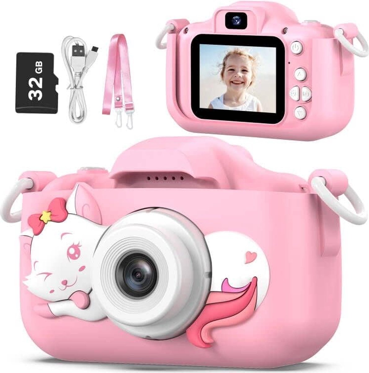 Sounix Digitale Kindercamera - 32GB SD-kaart - 1080P video - Digitale Kindercamera HD 1080p - Fototoestel voor Kinderen - Roze Kat