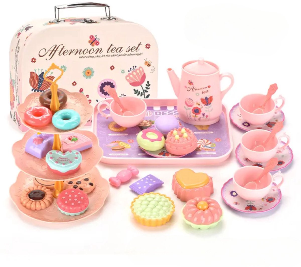 Sovéo® Theeservies Speelgoed - 42 delig - Voor kinderen - Theeset - Opbergkoffer - Theekransje - Gebakjes - Ètagere - Serveerblad