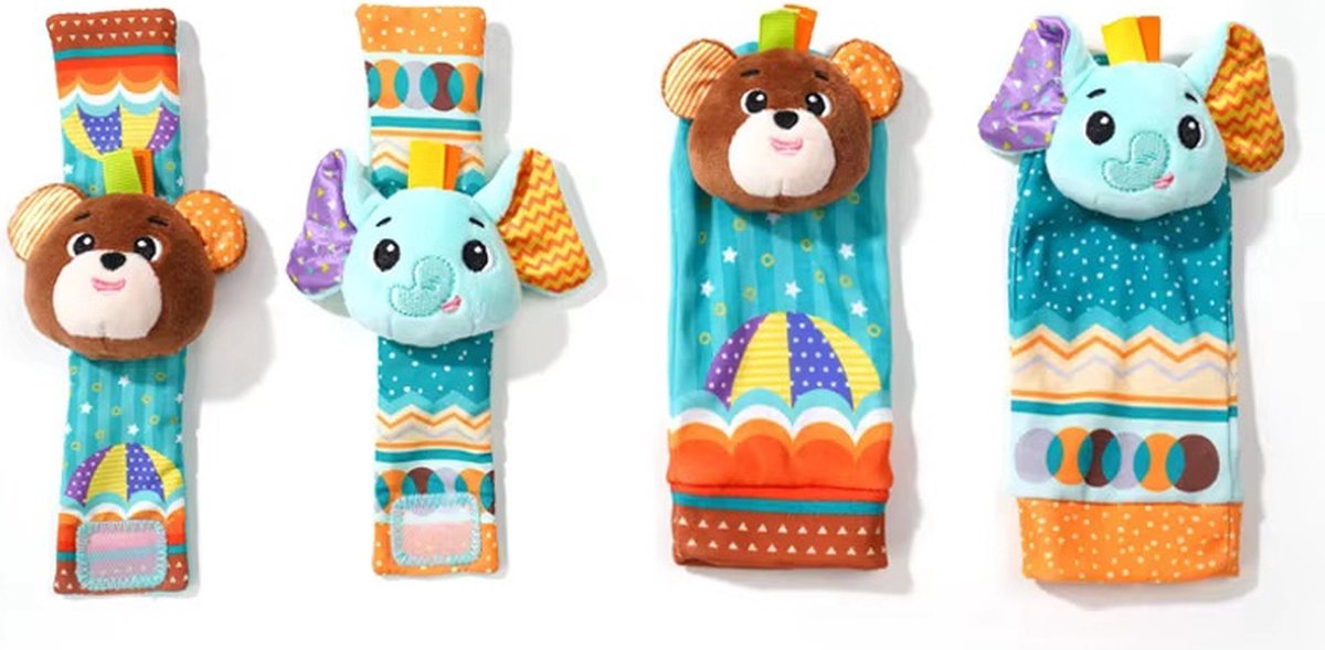 4-Delig Baby Rammelaar Set - Sokjes en Armbanden - Beer en Olifant