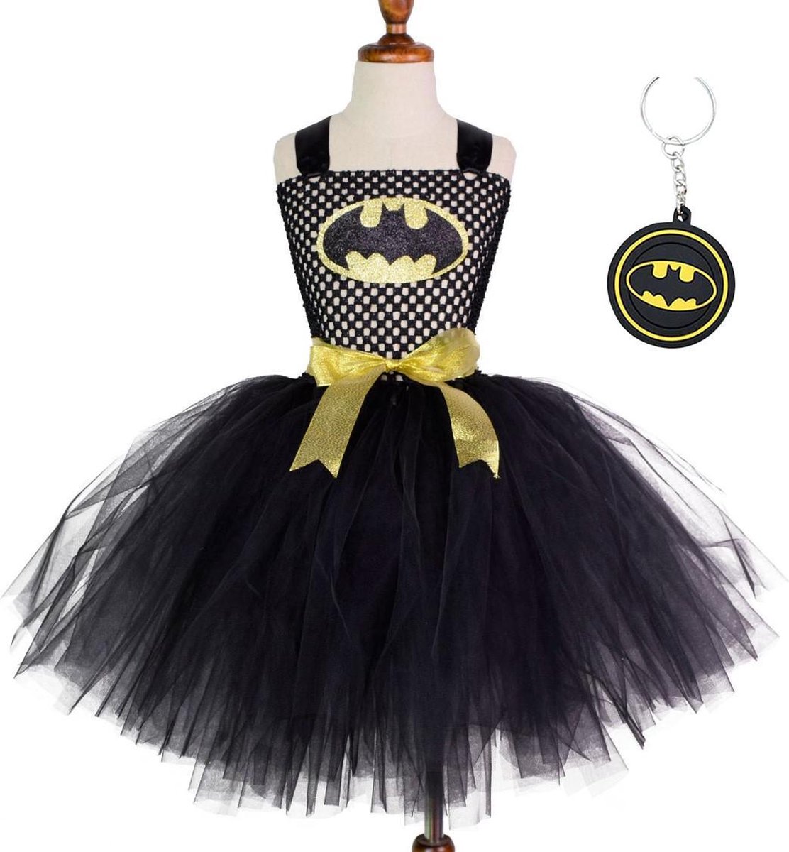 Batman pak kostuum bat girl superheld tutu jurk meisje 104-110 (110) + tas/sleutel hanger verkleedkleding